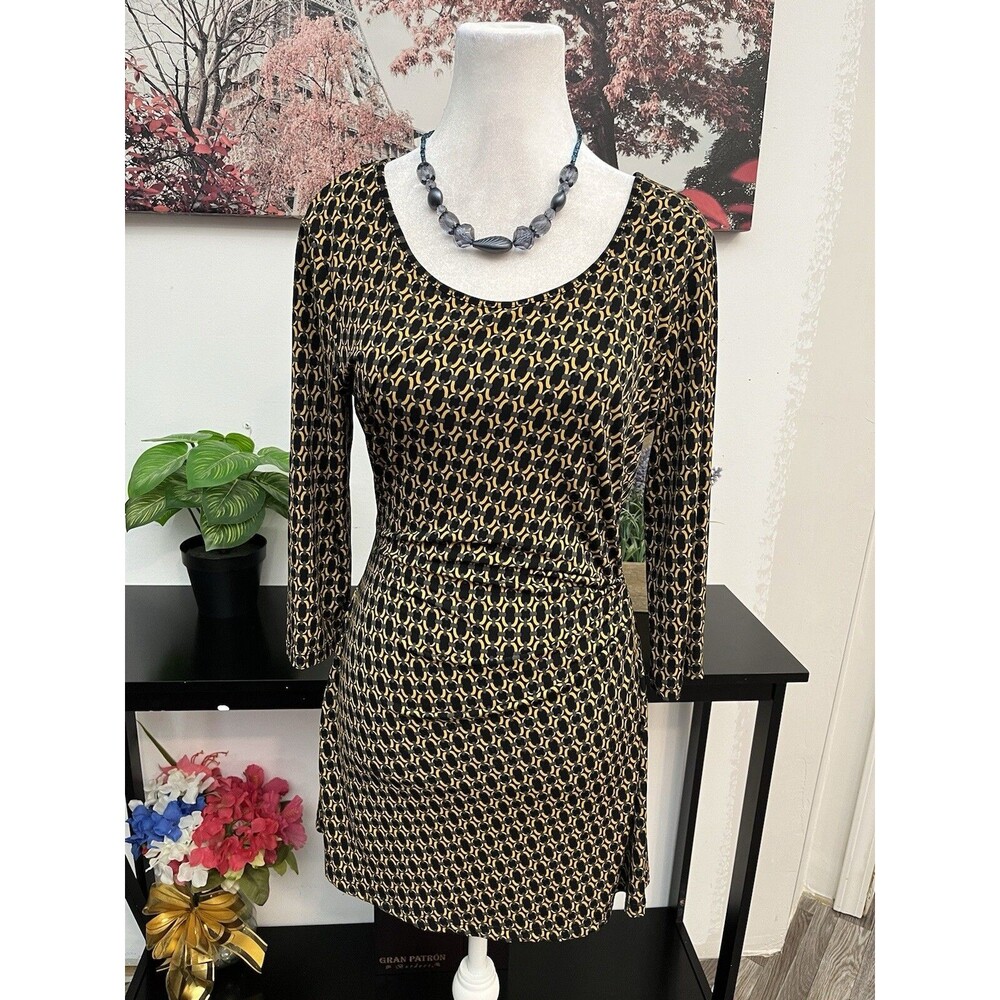 Miss Tina by Tina Knowles Geometric Tunic Top Blouse Mini Dress Black Gold  M"